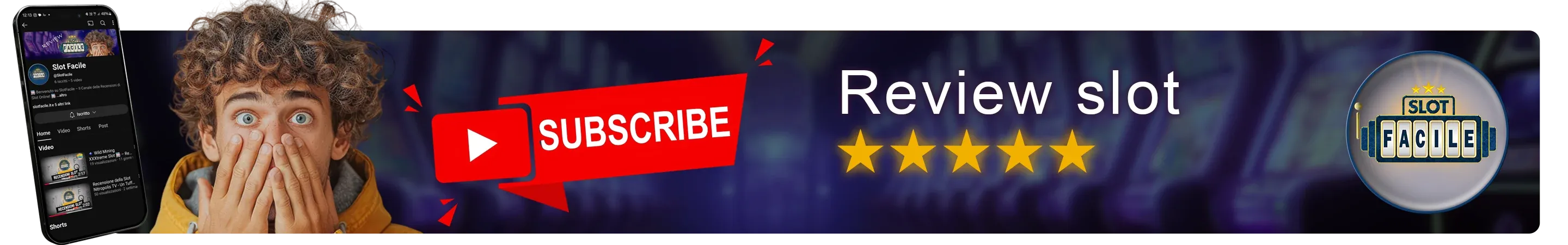 smartphone con vista canale youtube slotfacile ragzzo sorpreso e 5 stelle per le review